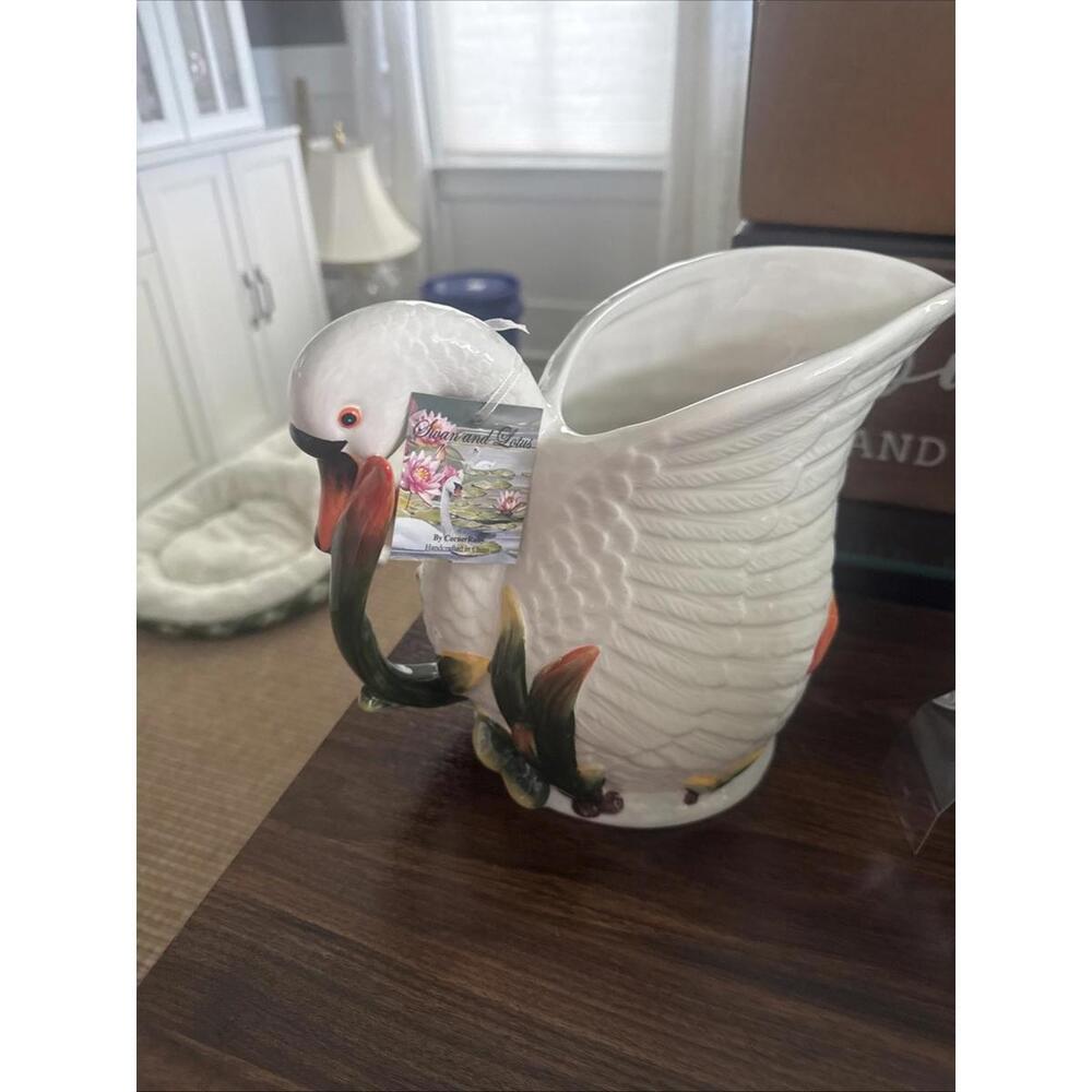 Corner Ruby SWAN & LOTUS TEAPOT & 1 TEA CUPS Garden Collection Handcrafted- NEW